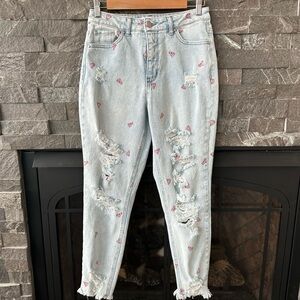 Tinseltown Distressed Straight Jeans with Pizza Embroidered Detailing